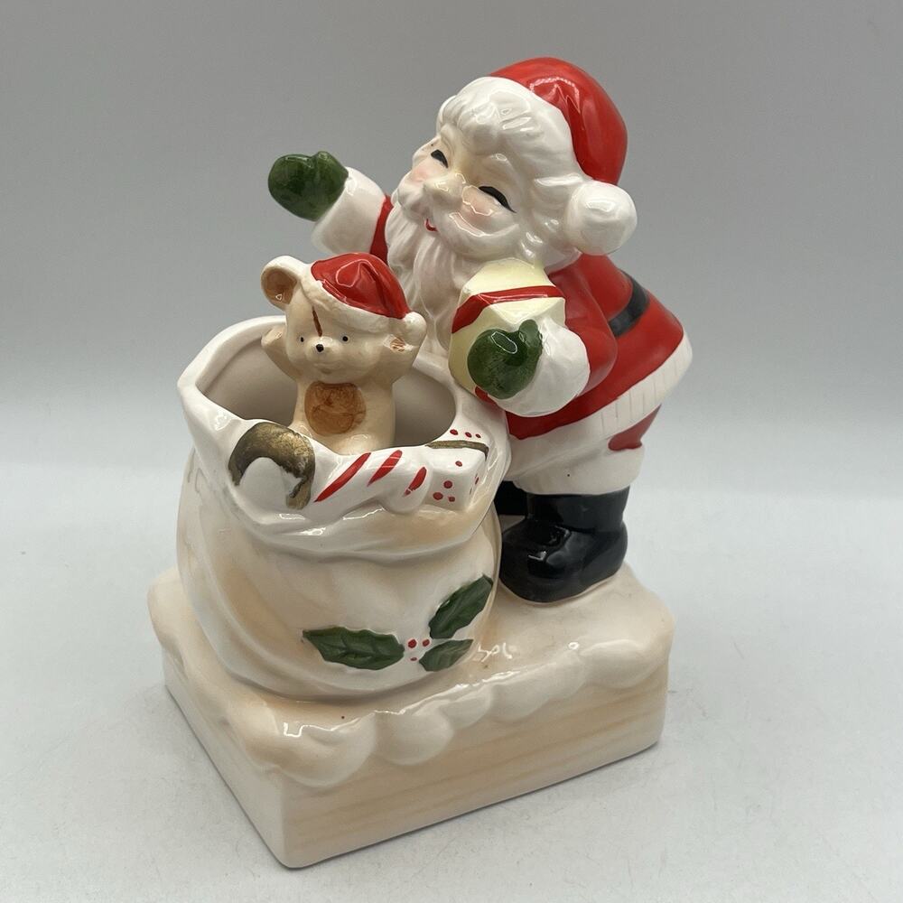 Vintage Lefton Santa Spinning Teddy Bear Toy Bag Plays Here Come Santa Music Box